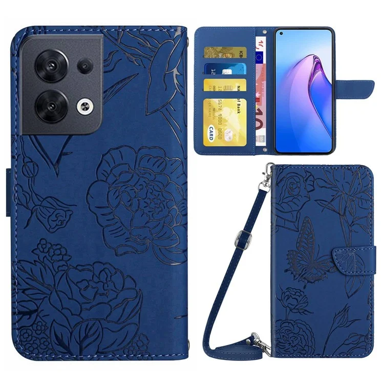 For Oppo Reno8 5G (Global Version) PU Leather Butterfly Flowers Imprinting Case Stand Wallet Skin-touch Phone Cover with Shoulder Strap - Blue