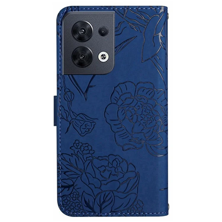 For Oppo Reno8 5G (Global Version) PU Leather Butterfly Flowers Imprinting Case Stand Wallet Skin-touch Phone Cover with Shoulder Strap - Blue