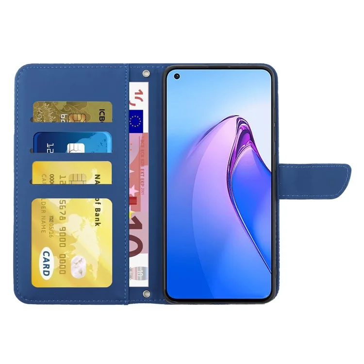 For Oppo Reno8 5G (Global Version) PU Leather Butterfly Flowers Imprinting Case Stand Wallet Skin-touch Phone Cover with Shoulder Strap - Blue