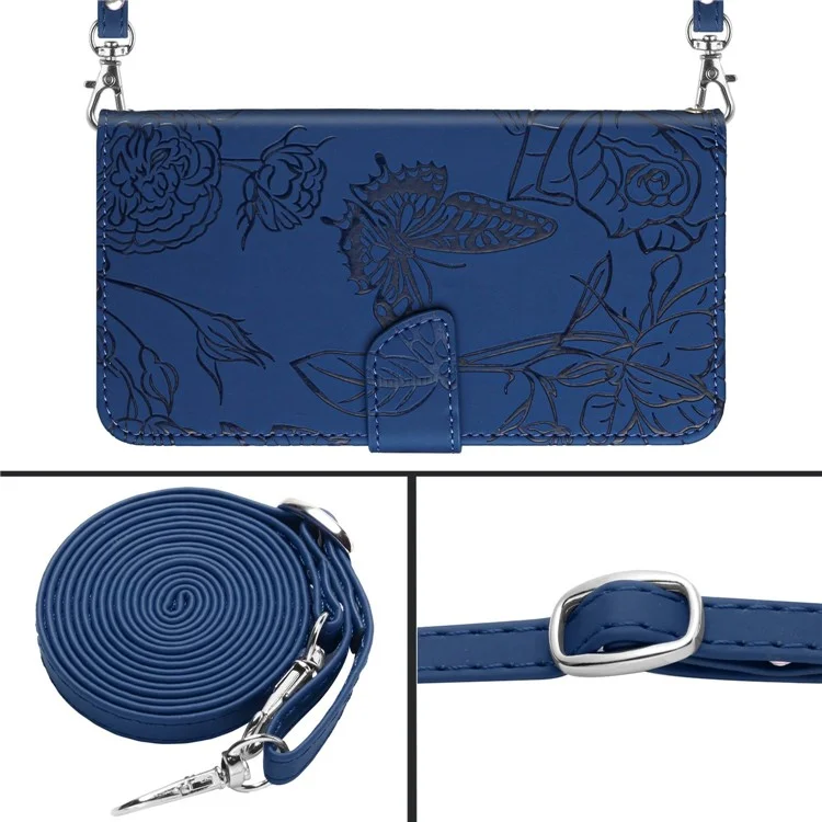 For Oppo Reno8 5G (Global Version) PU Leather Butterfly Flowers Imprinting Case Stand Wallet Skin-touch Phone Cover with Shoulder Strap - Blue