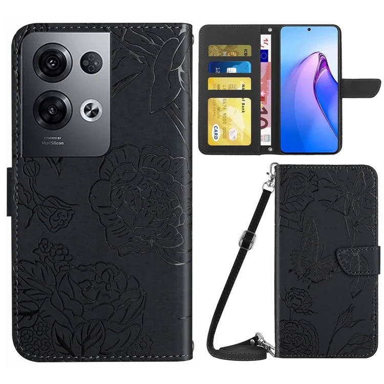 For Oppo Reno8 Pro+ (China) 5G / Reno8 Pro 5G (Global Version) Skin-touch Butterfly Flowers Imprinting Leather Phone Cover Stand Wallet Case with Shoulder Strap - Black