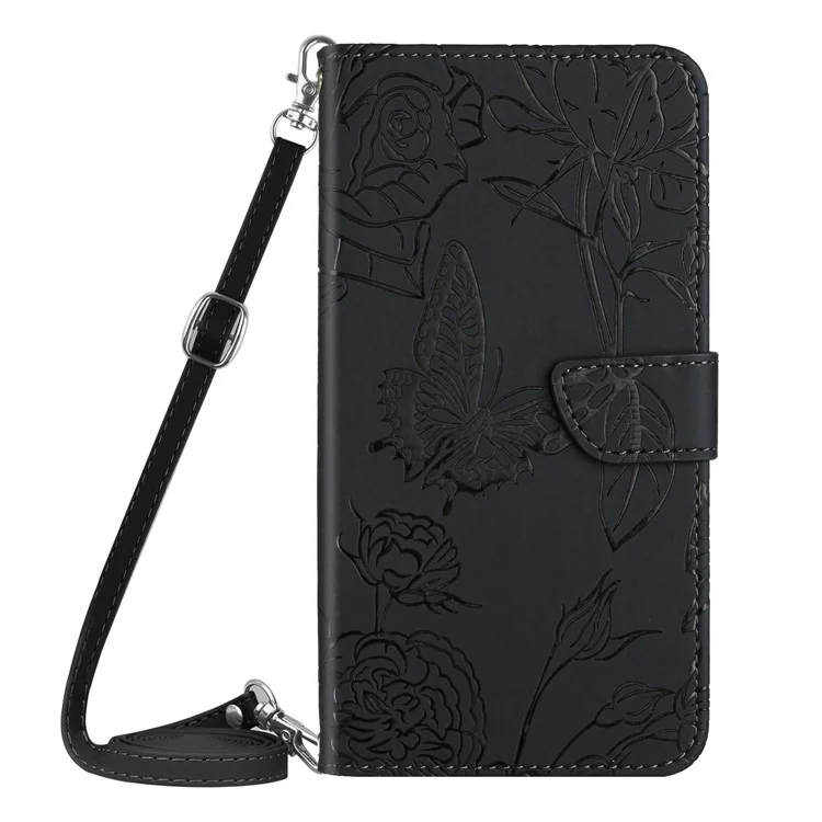 For Oppo Reno8 Pro+ (China) 5G / Reno8 Pro 5G (Global Version) Skin-touch Butterfly Flowers Imprinting Leather Phone Cover Stand Wallet Case with Shoulder Strap - Black