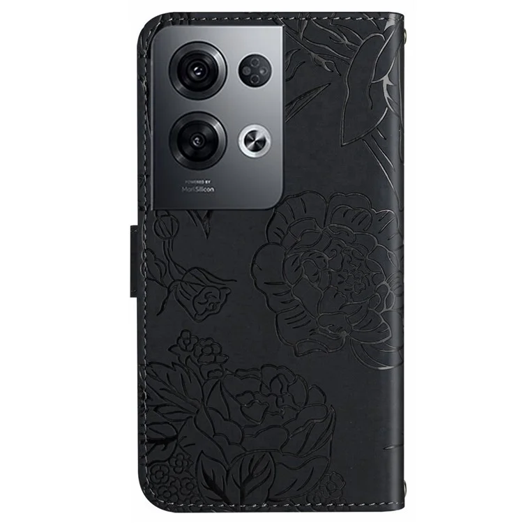 For Oppo Reno8 Pro+ (China) 5G / Reno8 Pro 5G (Global Version) Skin-touch Butterfly Flowers Imprinting Leather Phone Cover Stand Wallet Case with Shoulder Strap - Black