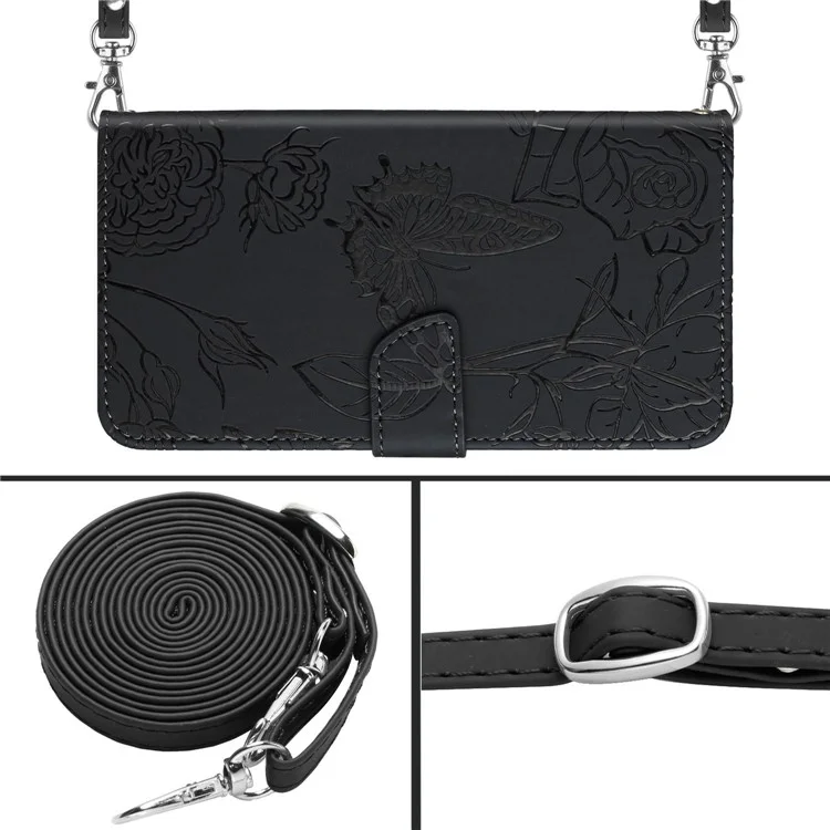 For Oppo Reno8 Pro+ (China) 5G / Reno8 Pro 5G (Global Version) Skin-touch Butterfly Flowers Imprinting Leather Phone Cover Stand Wallet Case with Shoulder Strap - Black