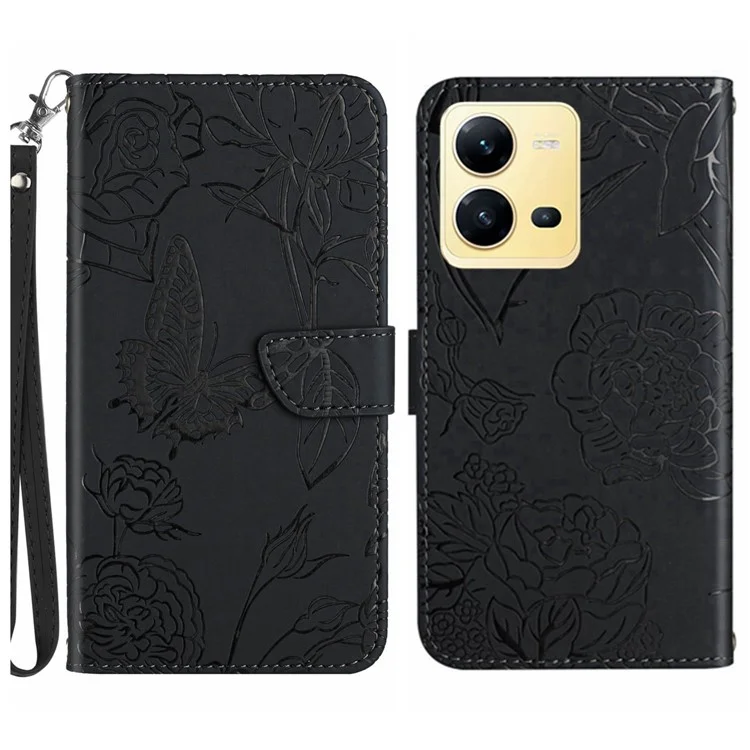 Para Vivo X80 Lite 5G / V25 5g HT03 Impresso Flores de Borboleta Caixa da Carteira de Casca de Pele PU - Preto