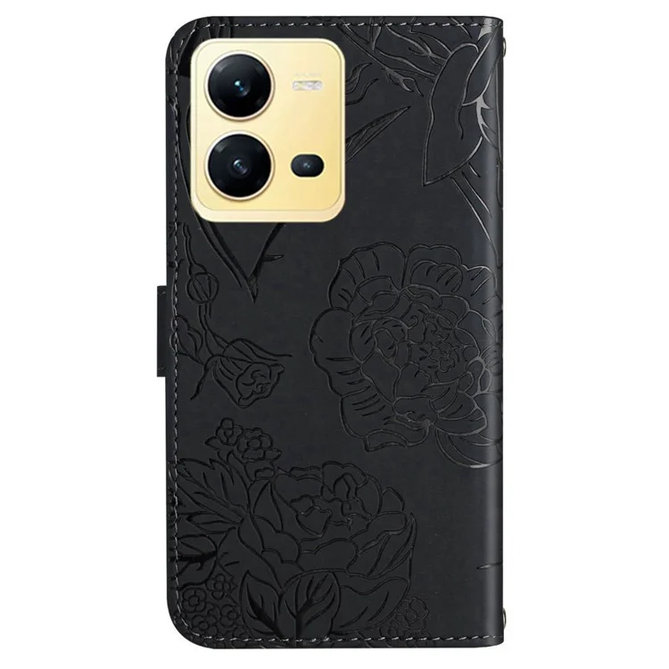 Para Vivo X80 Lite 5G / V25 5g HT03 Impresso Flores de Borboleta Caixa da Carteira de Casca de Pele PU - Preto
