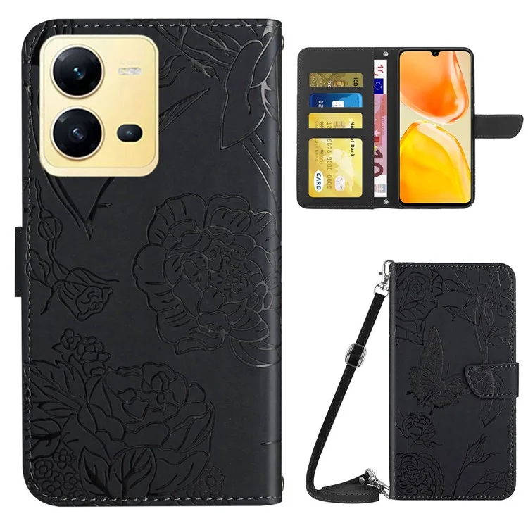 Para Vivo X80 Lite 5G / V25 5G HT03 Imprimido Flores de Mariposa Billetera Case de Teléfonos pu Touch PU Cuero de Cuero Flip Cubierta Con Correa Para el Hombro - Negro