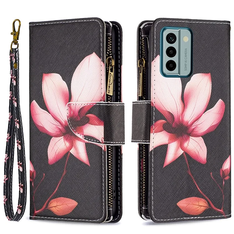 Pour Nokia G22 BF03 Zipper Pocket Leather Phone Case Pattern Printing Wallet Folding Stand Cover - Pink Flower