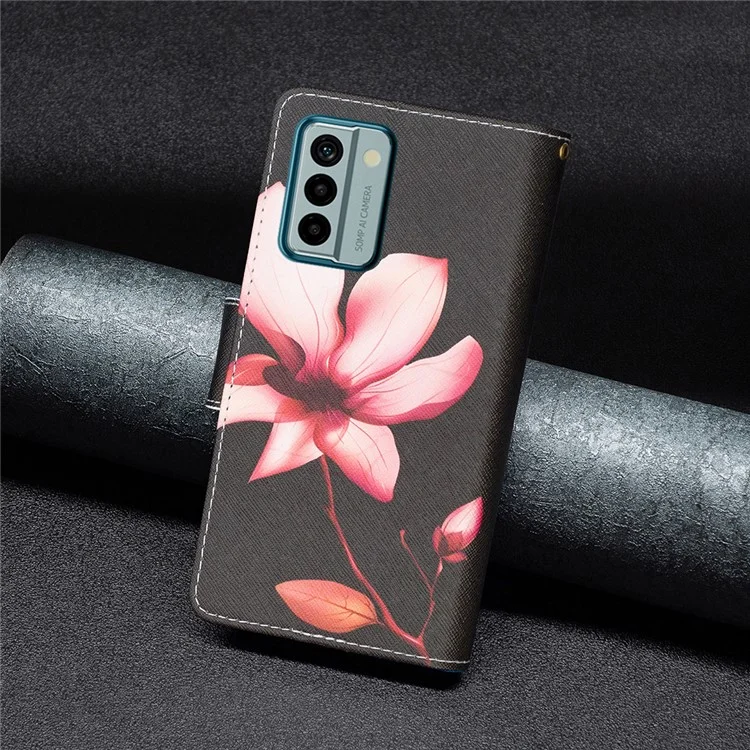 Pour Nokia G22 BF03 Zipper Pocket Leather Phone Case Pattern Printing Wallet Folding Stand Cover - Pink Flower