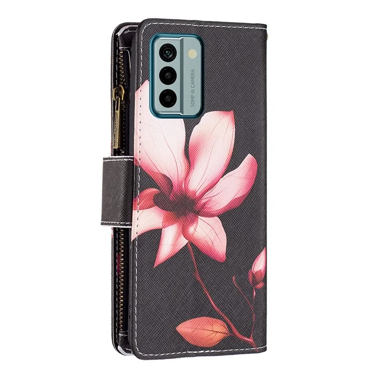 Pour Nokia G22 BF03 Zipper Pocket Leather Phone Case Pattern Printing Wallet Folding Stand Cover - Pink Flower