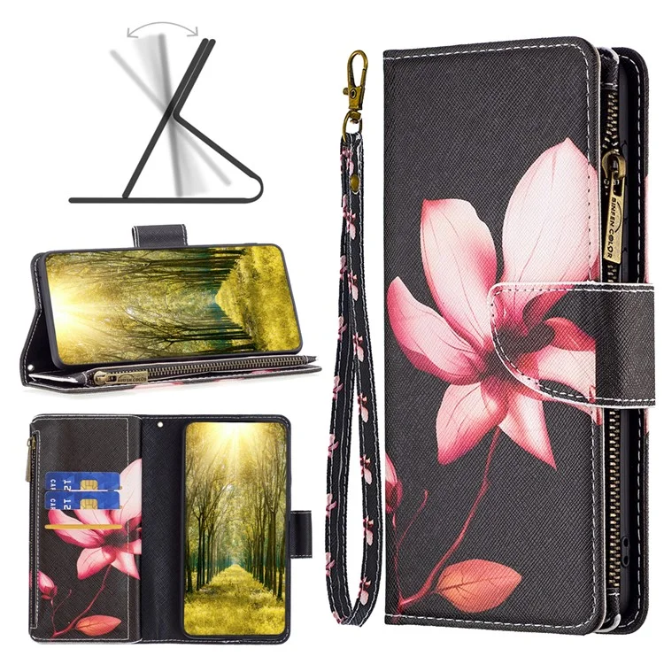 Pour Nokia G22 BF03 Zipper Pocket Leather Phone Case Pattern Printing Wallet Folding Stand Cover - Pink Flower