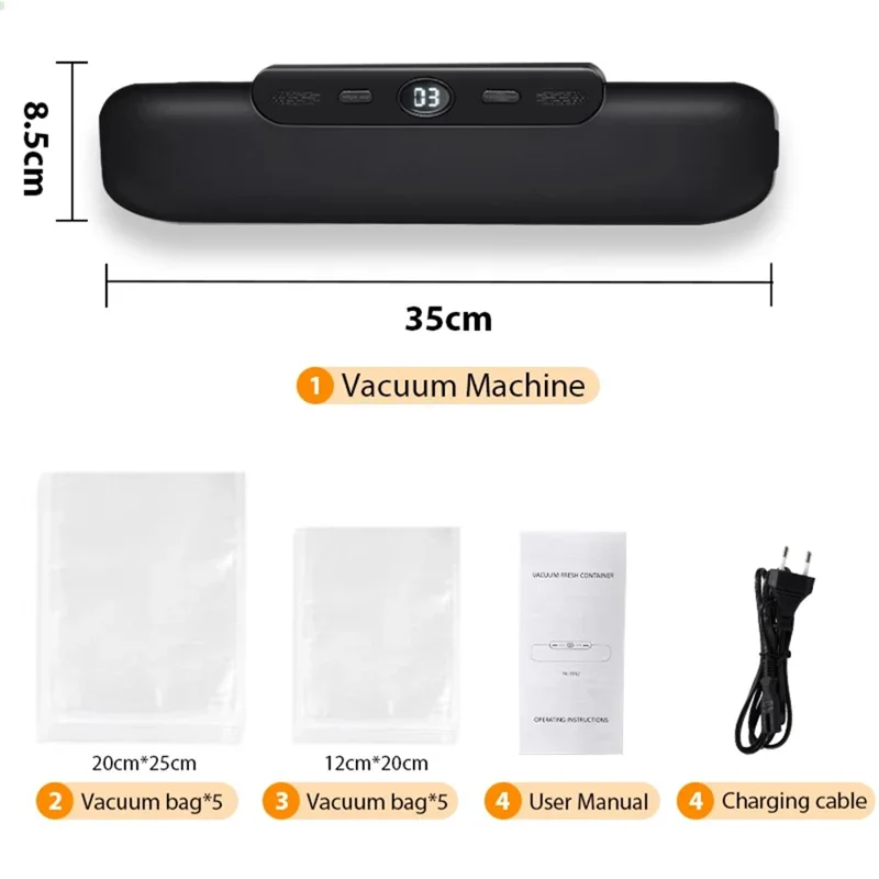 Household Vacuum Sealer Snack Packaging Fresh Keeping Sealing Machine, with 10 Vacuum Bags - Black / US Plug