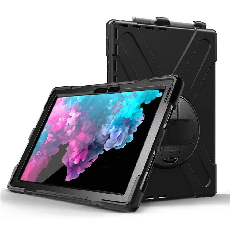 For Microsoft Surface Pro 7 6 5 4 [X-Shape] PC + TPU Combo Case / 360 Degree Swivel Kickstand / Hand Strap and Shoulder Strap - Black