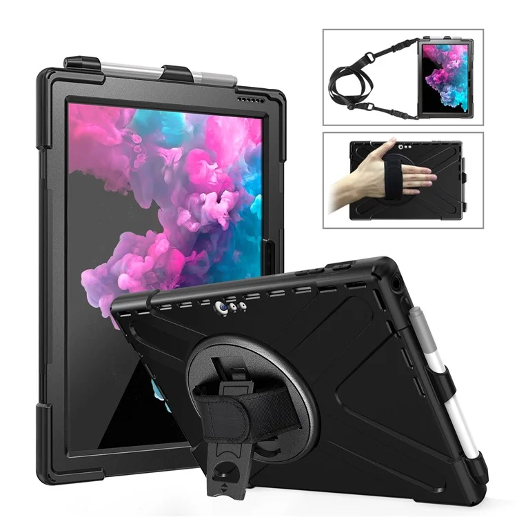 Para Microsoft Surface Pro 7 6 5 4 [x-wape] PC + TPU Combo Case / Patada Giratoria de 360 ​​grados / Correa de Mano y Correa Para el Hombro - Negro