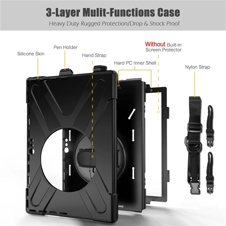 Para Microsoft Surface Pro 7+ / 7 / 6 / 5 / 4 [X-Shape] PC + Caixa Combo TPU / Suporte de Balanço de 360 Graus / Alça de Mão e Alça de Ombro - Preto