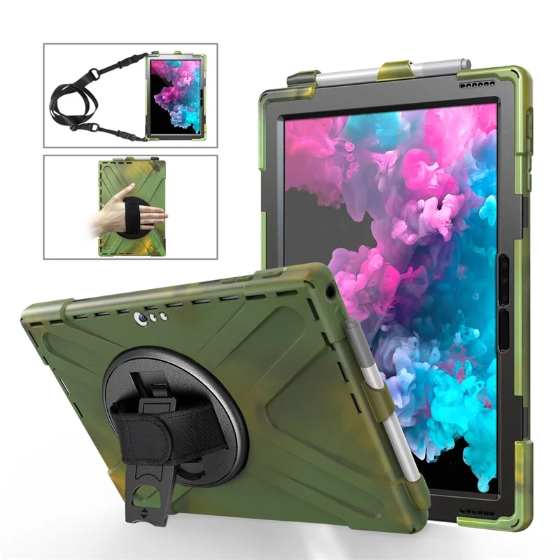 For Microsoft Surface Pro 7+ / 7 / 6 / 5 / 4 [X-Shape] PC + TPU Combo Case / 360 Degree Swivel Kickstand / Hand Strap and Shoulder Strap - Army Green