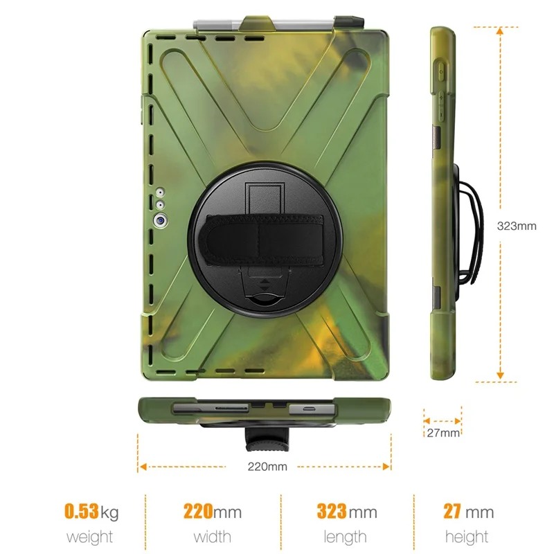 For Microsoft Surface Pro 7+ / 7 / 6 / 5 / 4 [X-Shape] PC + TPU Combo Case / 360 Degree Swivel Kickstand / Hand Strap and Shoulder Strap - Army Green