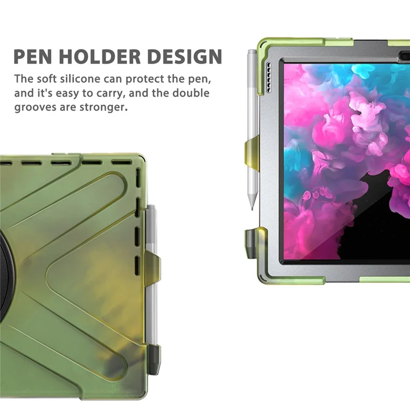 For Microsoft Surface Pro 7+ / 7 / 6 / 5 / 4 [X-Shape] PC + TPU Combo Case / 360 Degree Swivel Kickstand / Hand Strap and Shoulder Strap - Army Green