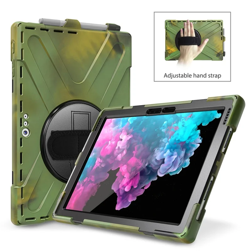 For Microsoft Surface Pro 7+ / 7 / 6 / 5 / 4 [X-Shape] PC + TPU Combo Case / 360 Degree Swivel Kickstand / Hand Strap and Shoulder Strap - Army Green