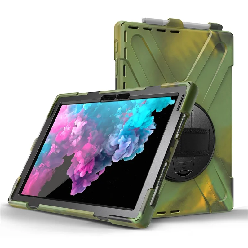 For Microsoft Surface Pro 7+ / 7 / 6 / 5 / 4 [X-Shape] PC + TPU Combo Case / 360 Degree Swivel Kickstand / Hand Strap and Shoulder Strap - Army Green