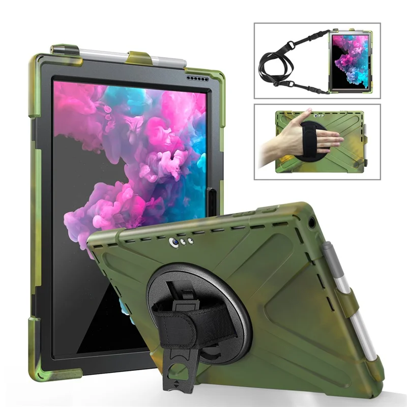 For Microsoft Surface Pro 7+ / 7 / 6 / 5 / 4 [X-Shape] PC + TPU Combo Case / 360 Degree Swivel Kickstand / Hand Strap and Shoulder Strap - Army Green