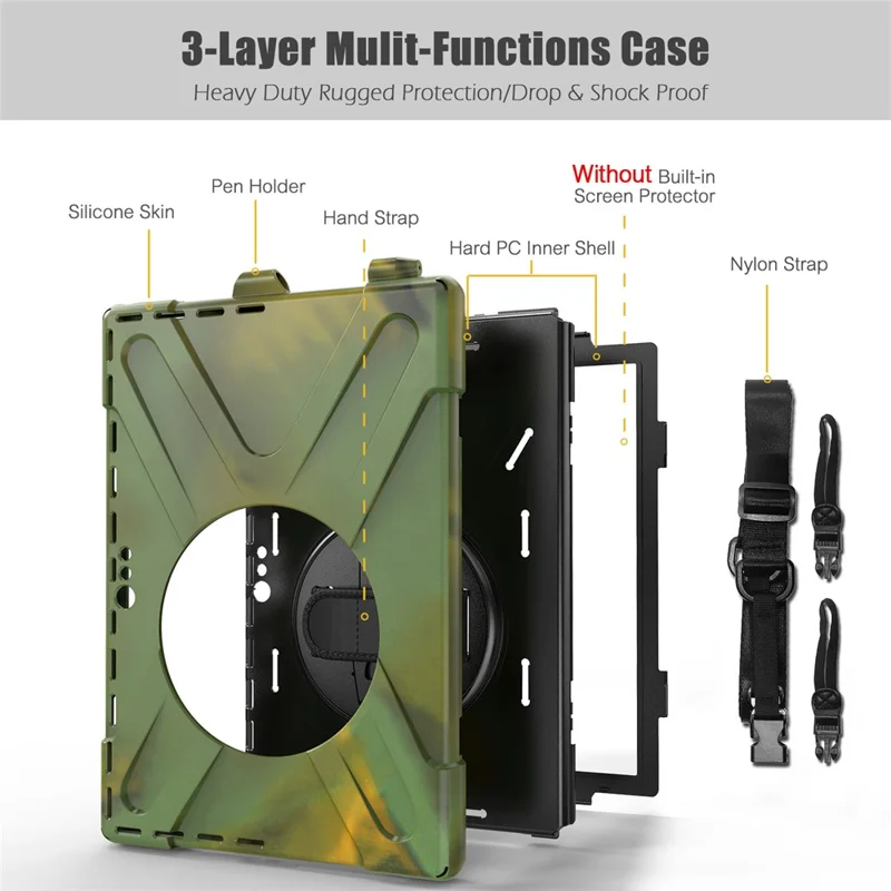 For Microsoft Surface Pro 7+ / 7 / 6 / 5 / 4 [X-Shape] PC + TPU Combo Case / 360 Degree Swivel Kickstand / Hand Strap and Shoulder Strap - Army Green