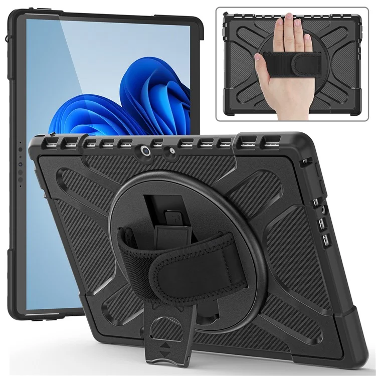 For Microsoft Surface Pro 8 Shockproof 360-degree Swiveling Kickstand PC + TPU Hybrid Tablet Case Cover with Hand Band - Black