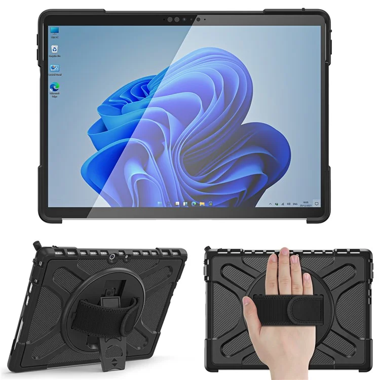 For Microsoft Surface Pro 8 Shockproof 360-degree Swiveling Kickstand PC + TPU Hybrid Tablet Case Cover with Hand Band - Black