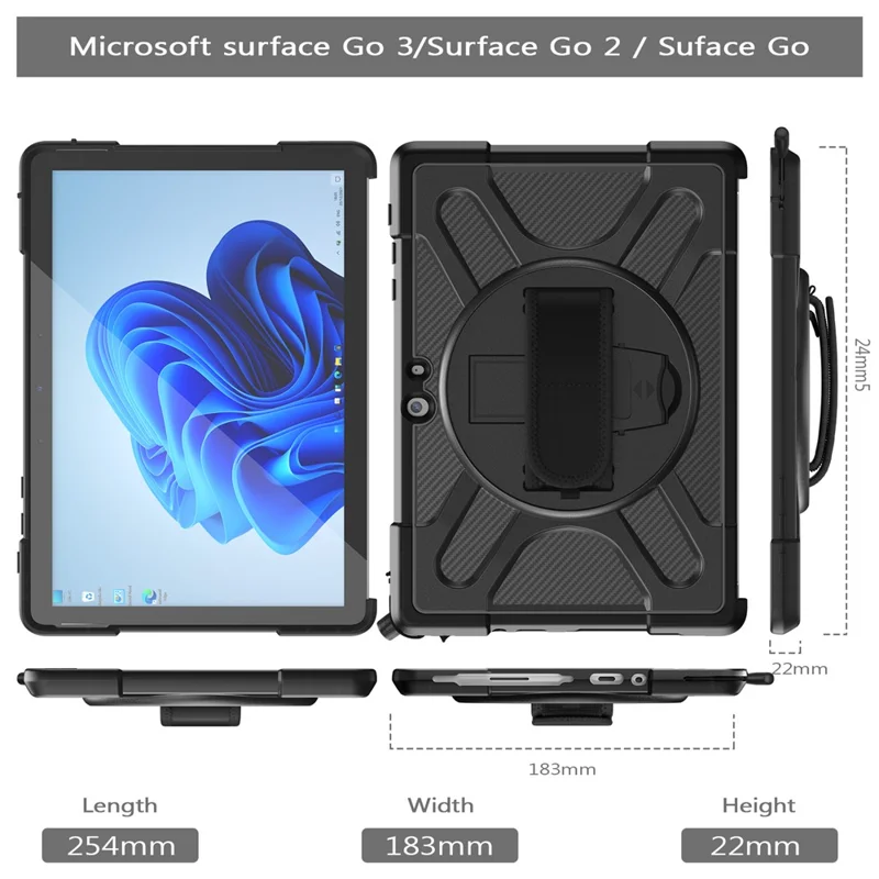 For Microsoft Surface Go 4 / Go 3 / Go 2 / Go 1 Tablet Protective Case Kickstand Hand Strap Hard PC + TPU Hybrid Cover - Black