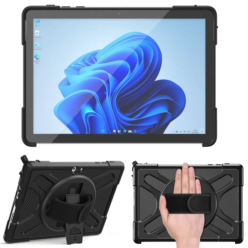 For Microsoft Surface Go 4 / Go 3 / Go 2 / Go 1 Tablet Protective Case Kickstand Hand Strap Hard PC + TPU Hybrid Cover - Black