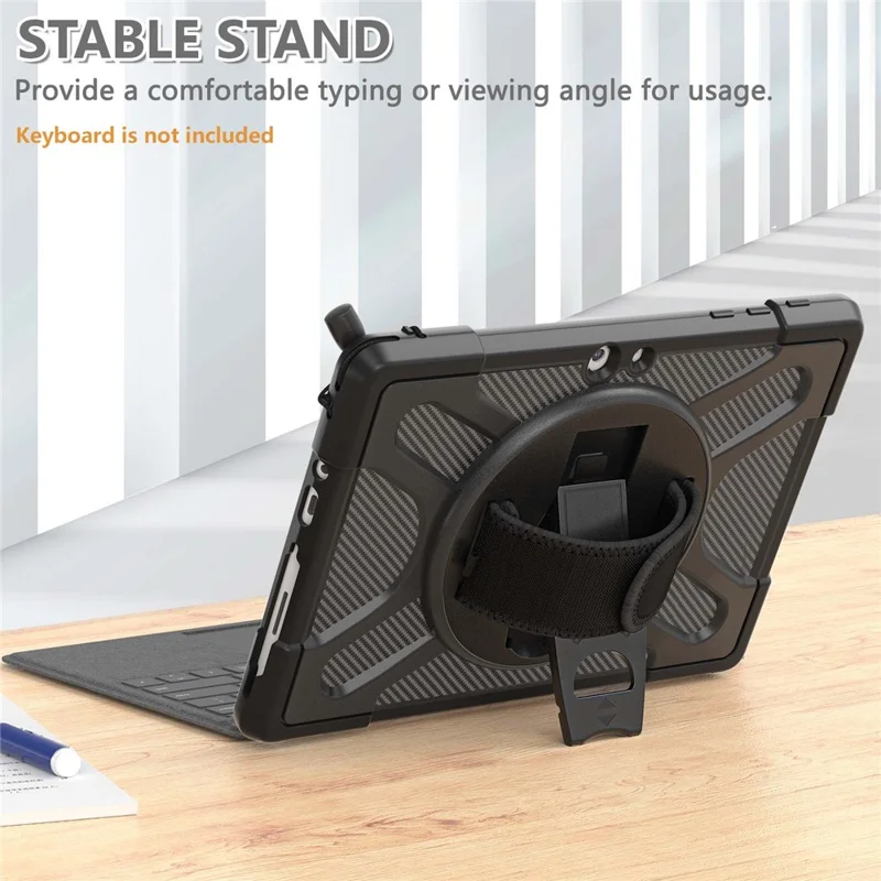 For Microsoft Surface Go 4 / Go 3 / Go 2 / Go 1 Tablet Protective Case Kickstand Hand Strap Hard PC + TPU Hybrid Cover - Black