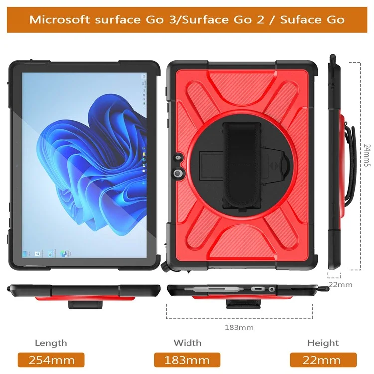 Pour Étui de protection avec support et sangle pour Microsoft Surface Go 4 / Go 3 / Go 2 / Go 1 Tablette - Couverture hybride en PC dur + TPU - Rouge