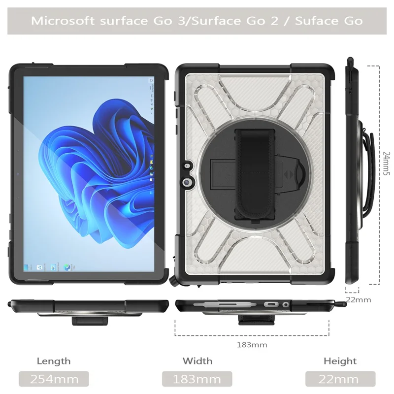 For Microsoft Surface Go 4 / Go 3 / Go 2 / Go 1 Tablet Protective Case Kickstand Hand Strap Hard PC + TPU Hybrid Cover - Transparent