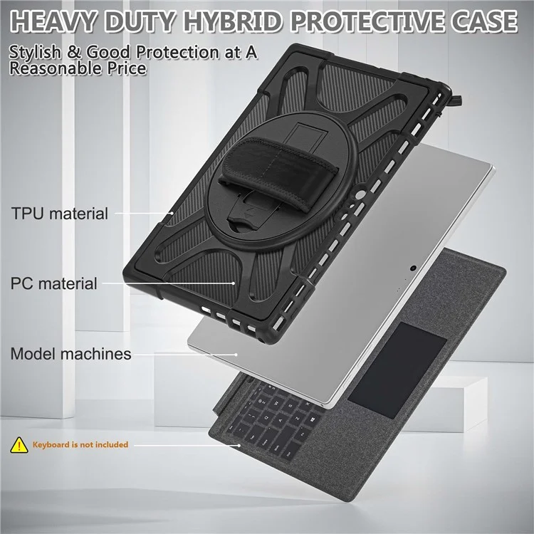 For Microsoft Surface Pro 4/5/6/7/7+ Kickstand Tablet Case Hybrid 2-in-1 Hard PC + TPU Dual Layer Shockproof Cover with Hand Strap - Black