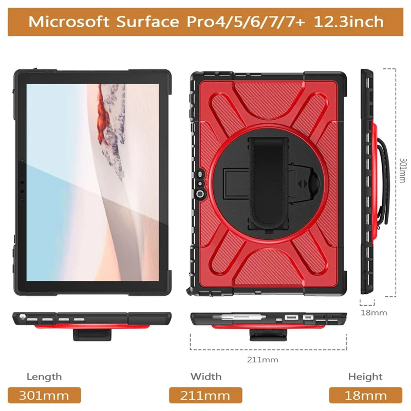 For Microsoft Surface Pro 4/5/6/7/7+ Kickstand Tablet Case Hybrid 2-in-1 Hard PC + TPU Dual Layer Shockproof Cover with Hand Strap - Red
