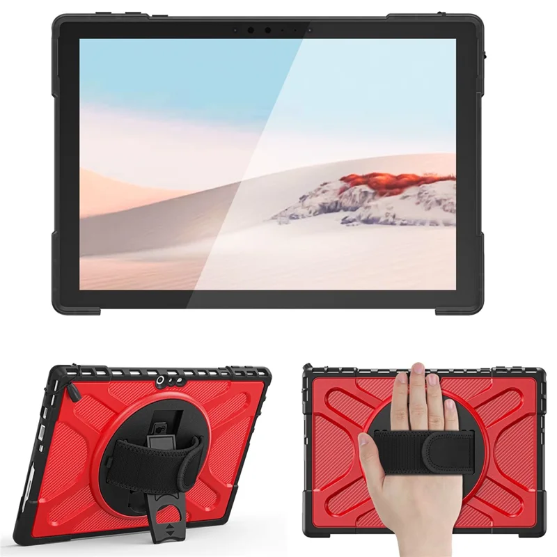 For Microsoft Surface Pro 4/5/6/7/7+ Kickstand Tablet Case Hybrid 2-in-1 Hard PC + TPU Dual Layer Shockproof Cover with Hand Strap - Red