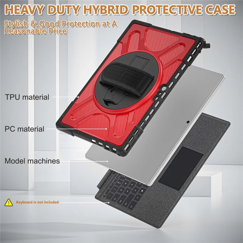 For Microsoft Surface Pro 4/5/6/7/7+ Kickstand Tablet Case Hybrid 2-in-1 Hard PC + TPU Dual Layer Shockproof Cover with Hand Strap - Red