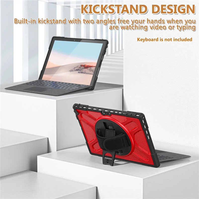 For Microsoft Surface Pro 4/5/6/7/7+ Kickstand Tablet Case Hybrid 2-in-1 Hard PC + TPU Dual Layer Shockproof Cover with Hand Strap - Red