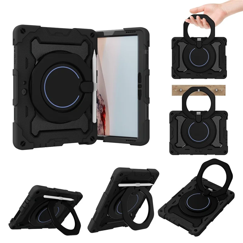 For Microsoft Surface Go 3/2/1 Rotary Kickstand PC + Silicone Shockproof Tablet Case Protective Cover - Black