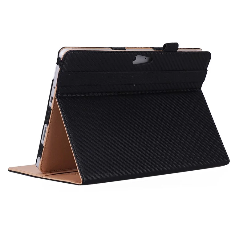 For Microsoft Surface Go 2/3 Carbon Fiber Texture PU Leather Folding Stand Case Card Slots Design Tablet Shell Cover with Hand Band and Pencil Holder - Black