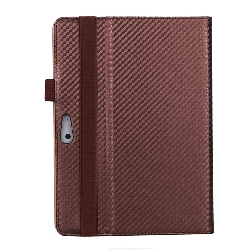 For Microsoft Surface Go 2/3 Carbon Fiber Texture PU Leather Folding Stand Case Card Slots Design Tablet Shell Cover with Hand Band and Pencil Holder - Brown