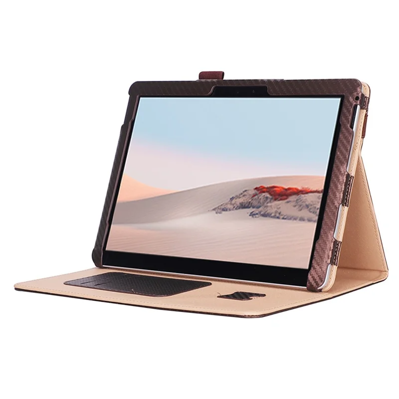 For Microsoft Surface Go 2/3 Carbon Fiber Texture PU Leather Folding Stand Case Card Slots Design Tablet Shell Cover with Hand Band and Pencil Holder - Brown