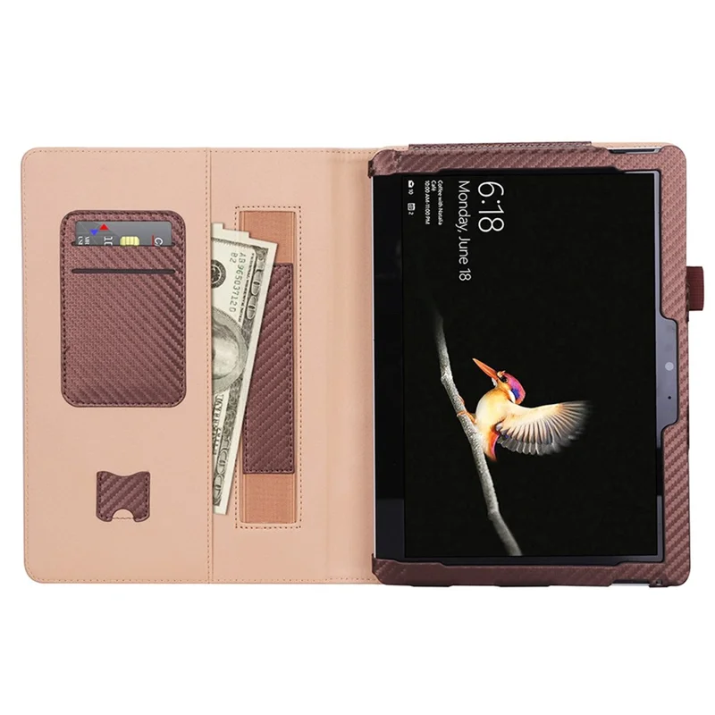 For Microsoft Surface Go 2/3 Carbon Fiber Texture PU Leather Folding Stand Case Card Slots Design Tablet Shell Cover with Hand Band and Pencil Holder - Brown