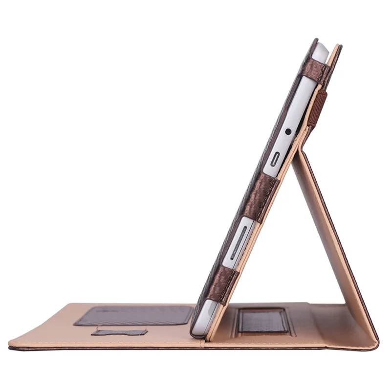 For Microsoft Surface Go 2/3 Carbon Fiber Texture PU Leather Folding Stand Case Card Slots Design Tablet Shell Cover with Hand Band and Pencil Holder - Brown