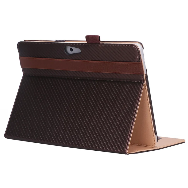 For Microsoft Surface Go 2/3 Carbon Fiber Texture PU Leather Folding Stand Case Card Slots Design Tablet Shell Cover with Hand Band and Pencil Holder - Brown