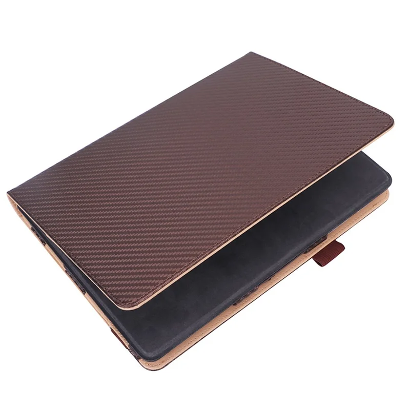For Microsoft Surface Go 2/3 Carbon Fiber Texture PU Leather Folding Stand Case Card Slots Design Tablet Shell Cover with Hand Band and Pencil Holder - Brown