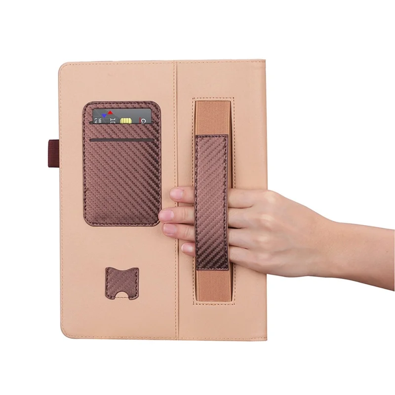 For Microsoft Surface Go 2/3 Carbon Fiber Texture PU Leather Folding Stand Case Card Slots Design Tablet Shell Cover with Hand Band and Pencil Holder - Brown