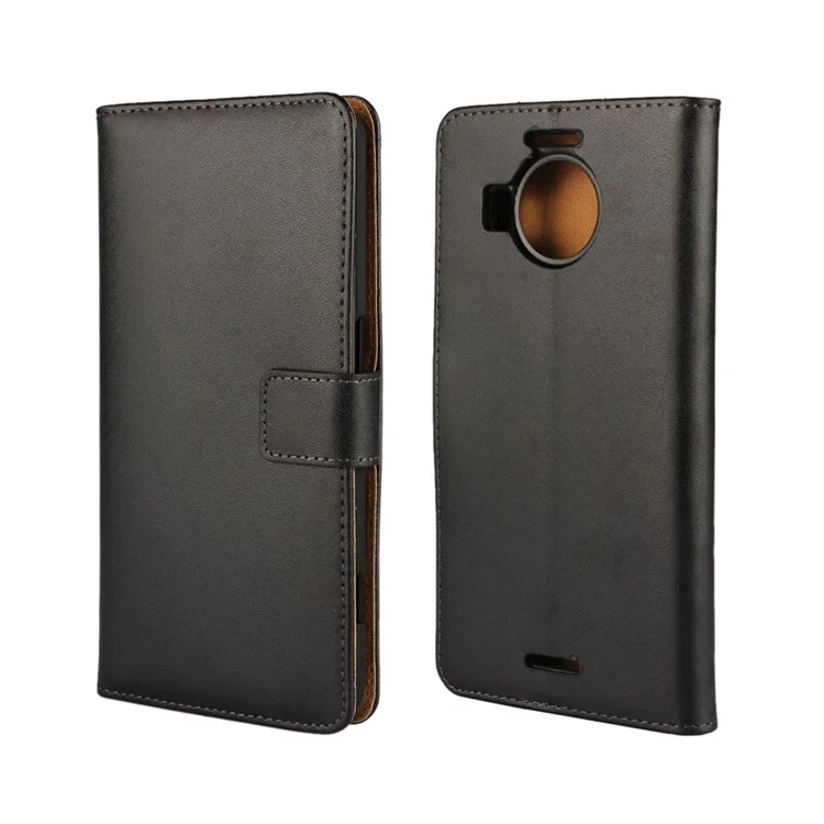 Genuine Split Leather Wallet Case for Microsoft Lumia 950 XL with Stand - Black