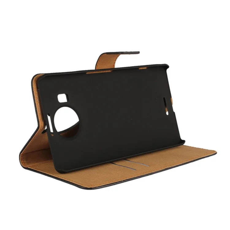 Genuine Split Leather Wallet Case for Microsoft Lumia 950 XL with Stand - Black