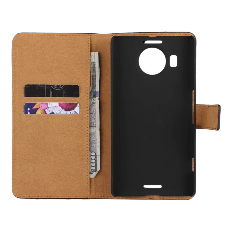Genuine Split Leather Wallet Case for Microsoft Lumia 950 XL with Stand - Black